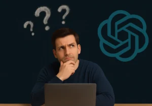 ChatGPT Modelle im Vergleich: Auf dem Bild sitzt ein überforderter Mann, welcher nachdenklich auf das ChatGPT Logo blickt